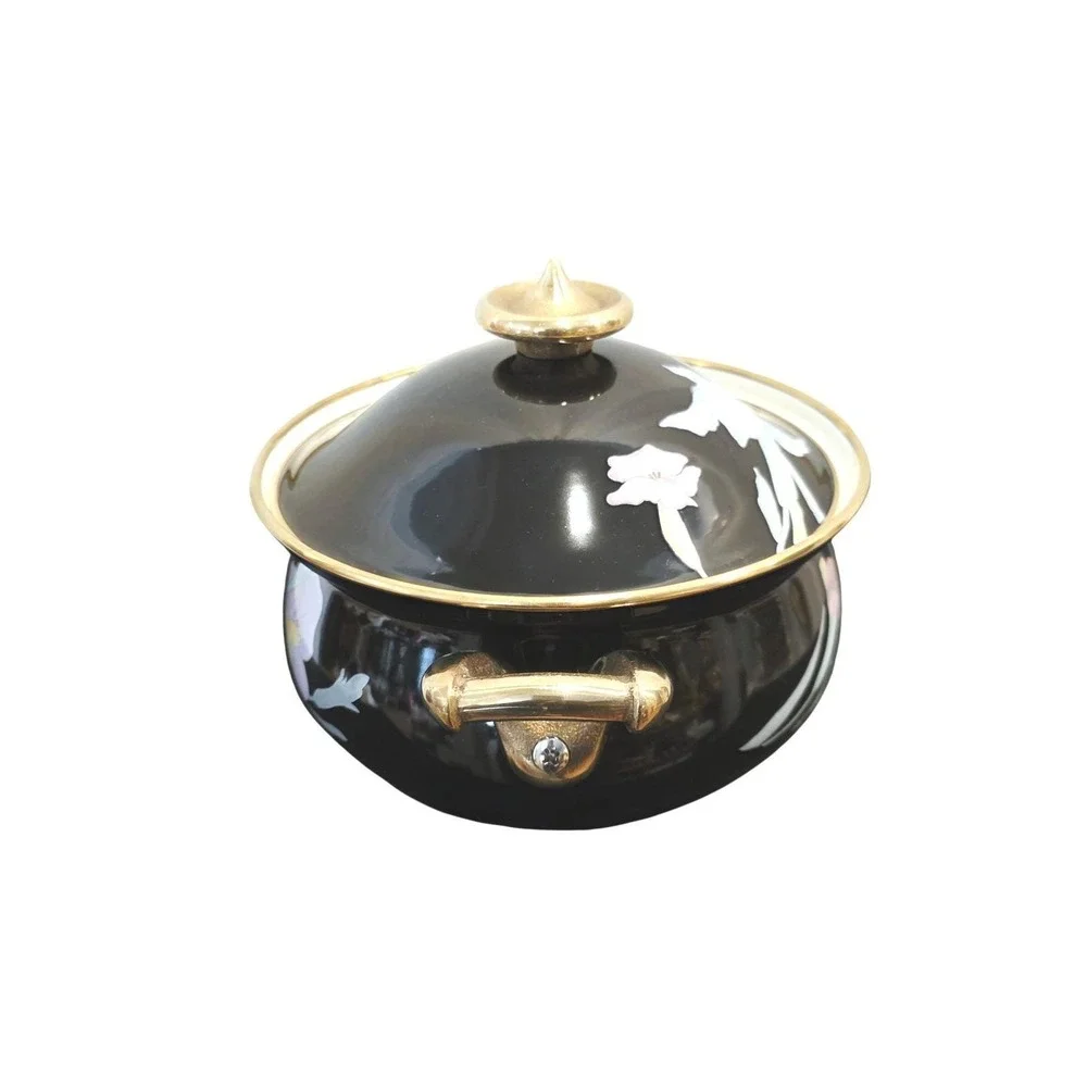 Mikasa Black Enamel Dutch‎ Oven, Floral Iris Pattern, Lidded Pot, Japanese Made